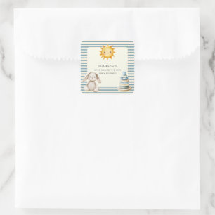 Hier Komt de Zoon Baby Shower Blauwe Streep Vierkante Sticker