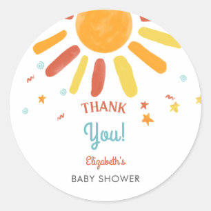 Hier komt de zoon Baby shower dank u aangepaste Ronde Sticker