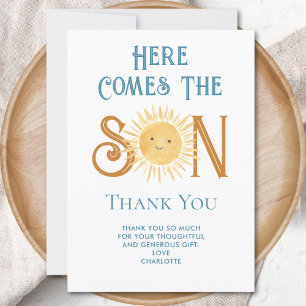 Hier komt de zoon Baby shower dank u Bedankkaart