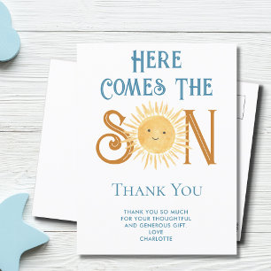 Hier komt de zoon Baby shower dank u Briefkaart