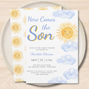 Hier komt de zoon Baby shower Kaart