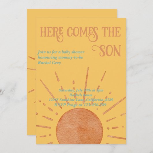 Hier komt de zoon baby shower uitnodiging (Voorkant / Achterkant)