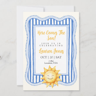 "Hier komt de zoon" baby shower uitnodiging jongen
