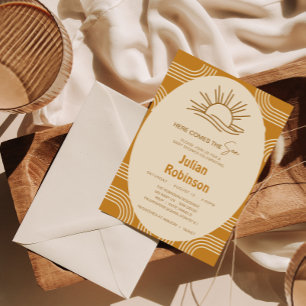 Hier komt de zoon Boho Baby Boy Douche uitnodiging