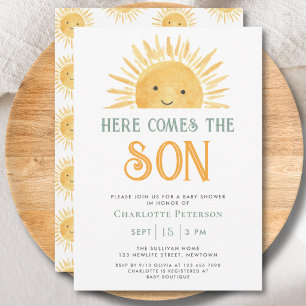 Hier komt de zoon Geel zonneschijn baby shower uit Kaart