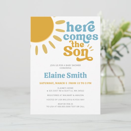 Hier komt de zoon retro boy baby shower kaart (Staand voorkant)