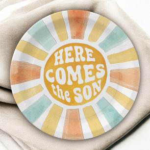 Hier Komt de Zoon Retro Zonneschijn Baby Shower Papieren Bordje