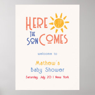 Hier komt de zoon Schattige retro Baby shower welk Poster