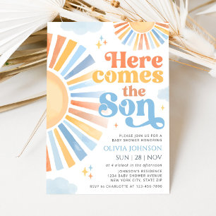 Hier komt de zoon Sunshine Baby Shower Uitnodiging