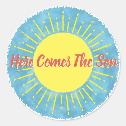 Hier komt de zoon Waterverf Baby shower gewoonte Ronde Sticker (Voorkant)