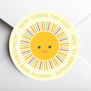 Hier Komt de Zoon Zon Jongen Babyfeestje Ronde Sticker