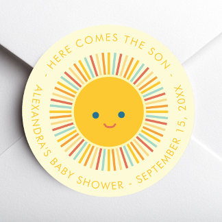 Hier Komt de Zoon Zon Jongen Babyfeestje Ronde Sticker