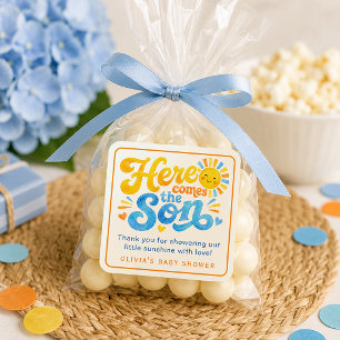 Hier komt de zoon Zonneschijn Baby Shower Favor  Vierkante Sticker