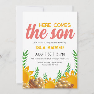 Hier komt de zoon zonneschijn baby shower uitnodig kaart