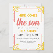 Hier komt de zoon zonneschijn baby shower uitnodig kaart (Voorkant)