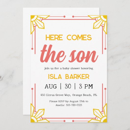 Hier komt de zoon zonneschijn baby shower uitnodig kaart (Voorkant / Achterkant)