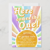 Hier komt die! Retro Boho Sun 1e verjaardag Kaart (Voorkant)