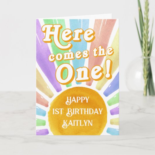 Hier komt die! Retro Boho Sun 1e verjaardag Kaart (Voorkant)