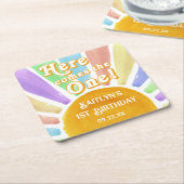 Hier komt die! Retro Boho Sun 1e verjaardag Vierkante Kartonnen Onderzetter (Schuin)