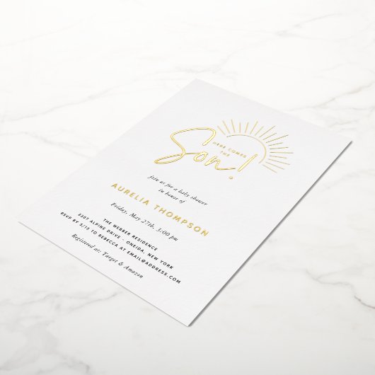 Hier komt het Baby shower Son Boho Sun Folie Uitnodiging (Gedraaid)