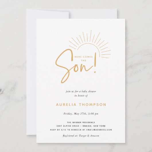 Hier komt het Baby shower Son Boho Sun Kaart (Voorkant)