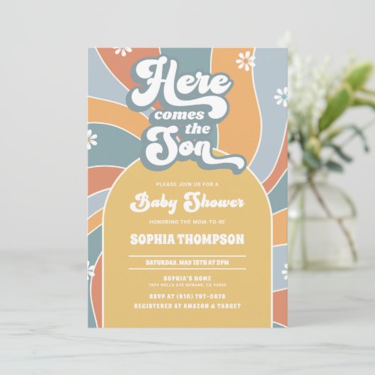 Hier komt het Baby shower Son Sunshine Groovy Kaart (Staand voorkant)