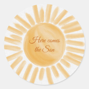 Hier komt het Baby shower Son Sunshine Ray Yellow Ronde Sticker