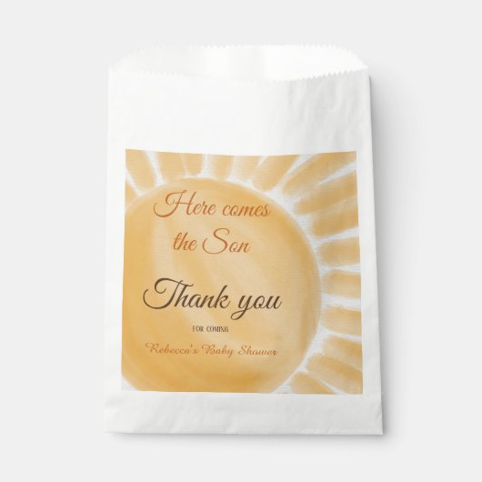 Hier komt het Baby shower Son Sunshine Yellow Ray Bedankzakje (Voorkant)