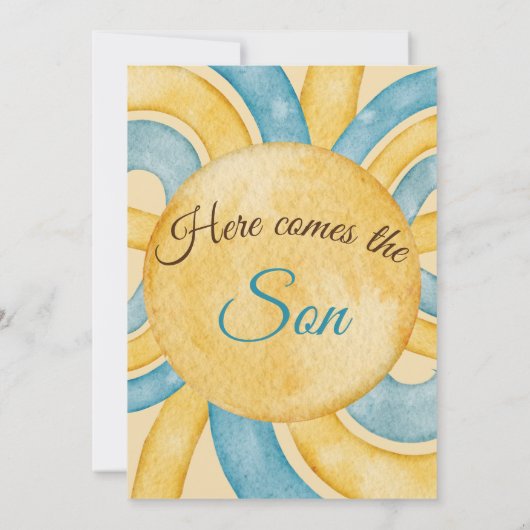 Hier komt het Baby shower Son Yellow Blue Rays Kaart (Achterkant)