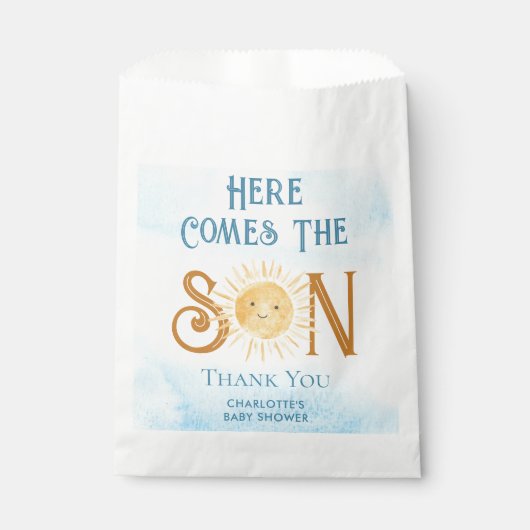 Hier komt het Baby shower van de jongen Bedankzakje (Voorkant)