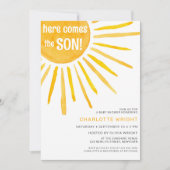 Hier komt het Baby shower van de jongen Kaart (Voorkant)