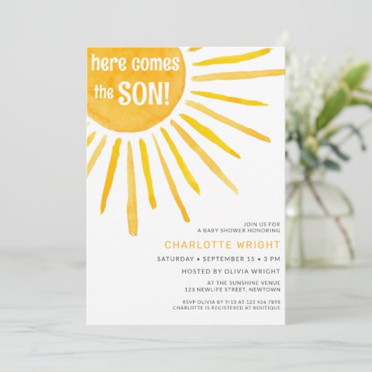 Hier komt het Baby shower van de jongen Kaart (Staand voorkant)