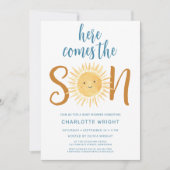 Hier komt het Baby shower van de zoon Kaart (Voorkant)