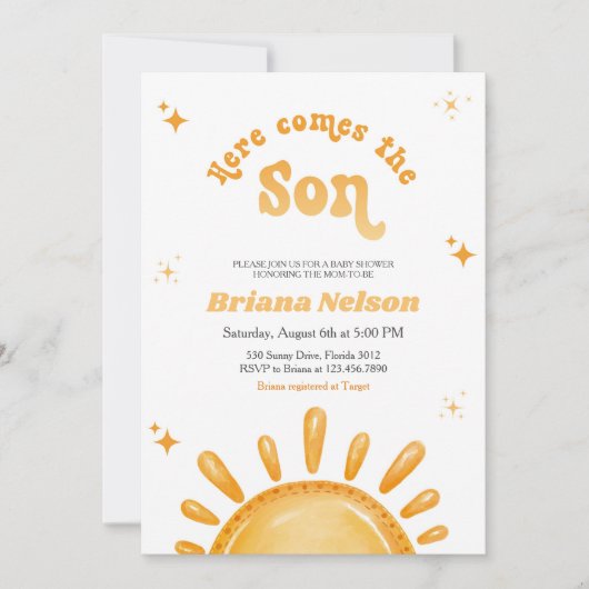 Hier komt het Baby shower van de zoon Kaart (Voorkant)