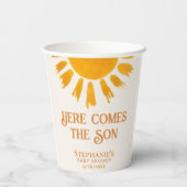 Hier komt het Baby shower van de zoon Papieren Bekers (Achterkant)