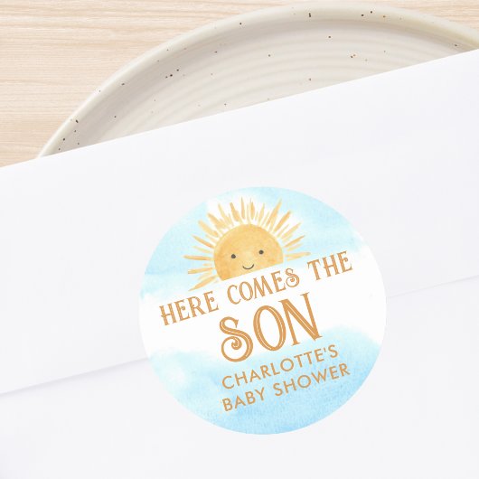 Hier komt het Baby shower van de zoon Ronde Sticker