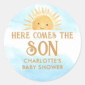Hier komt het Baby shower van de zoon Ronde Sticker (Voorkant)