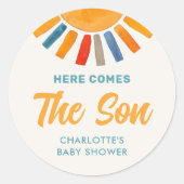 Hier komt het Baby shower van de zoon Ronde Sticker (Voorkant)
