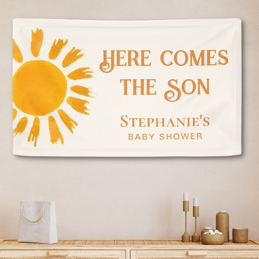 Hier komt het Baby shower van de zoon Spandoek