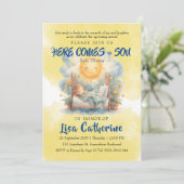 Hier komt het Son Baby shower Kaart (Staand voorkant)