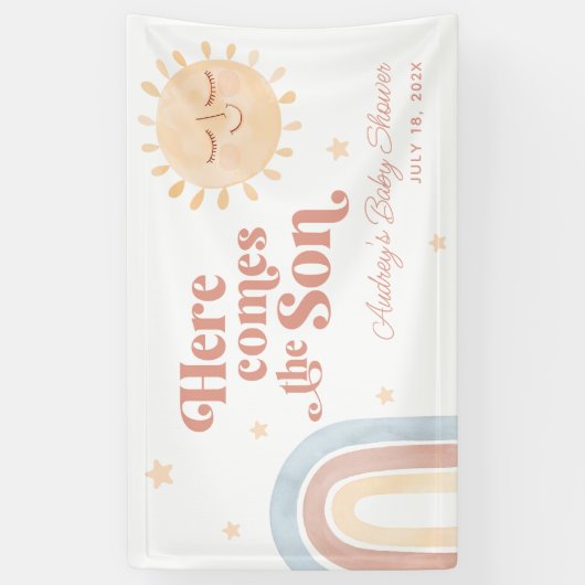Hier komt het Son Boho Baby shower Welkom Spandoek (Verticaal)