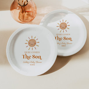 Hier komt het Son Boho Bohemian Retro Baby shower Papieren Bordje