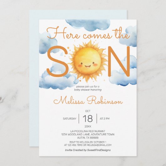 Hier komt het Son Boy Baby shower Kaart (Voorkant / Achterkant)