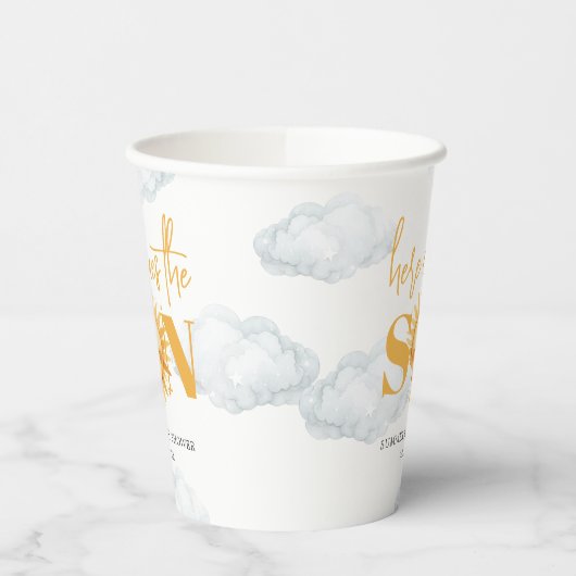 Hier komt het Son Boy Baby shower Papieren Bekers (Links)