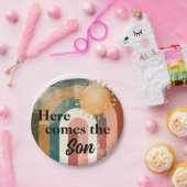 Hier komt het Son Masculine Rainbow Baby shower Papieren Bordje (Feest)