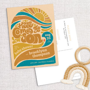 Hier komt het Son Retro Baby Boy Baby shower Briefkaart