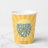 Hier komt het Son Retro Baby shower Papieren Bekers (Achterkant)