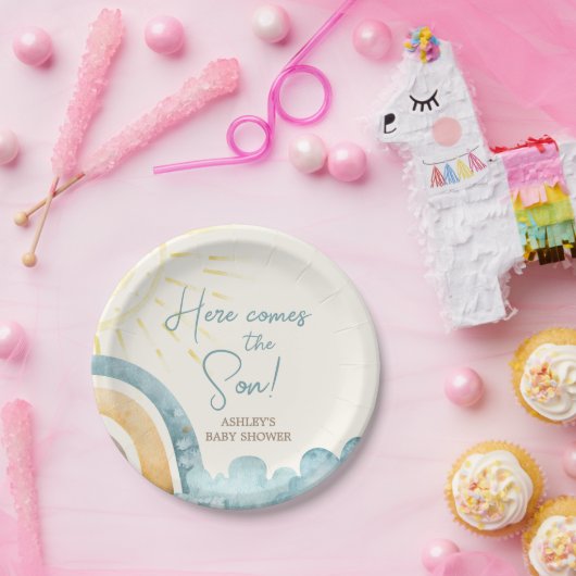 Hier komt het Son Retro Baby shower Papieren Bordje (Feest)