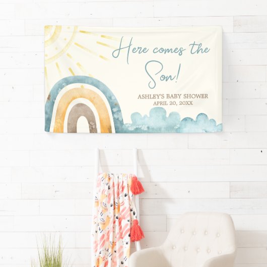 Hier komt het Son Retro Baby shower Spandoek (Insitu)