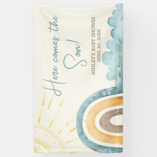 Hier komt het Son Retro Baby shower Spandoek (Verticaal)